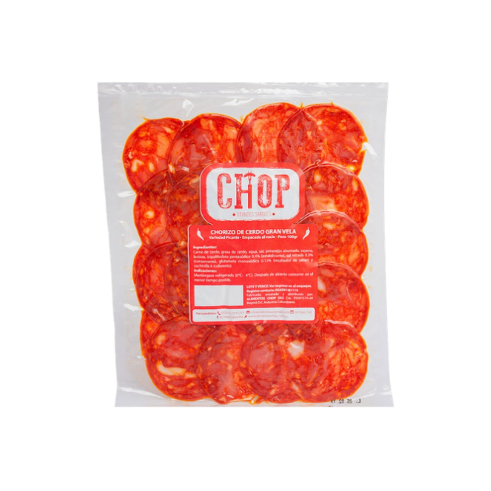 Chorizo gran vela loncheado picante chop 100 grs.